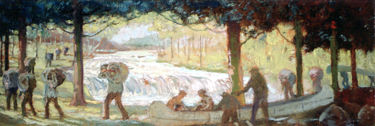 An oil painting depicting figures carrying large packs and handling a canoe along a wooded trail beside a river along the historical Toronto Carrying-Place Trail.