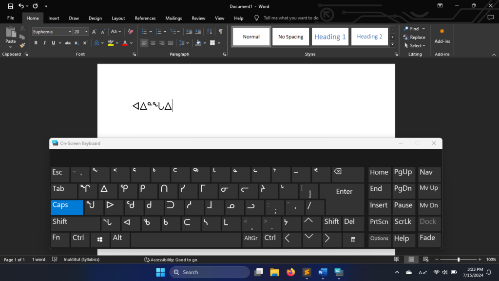 Typing hello in syllabics using the Inuktitut keyboard in Windows 11.